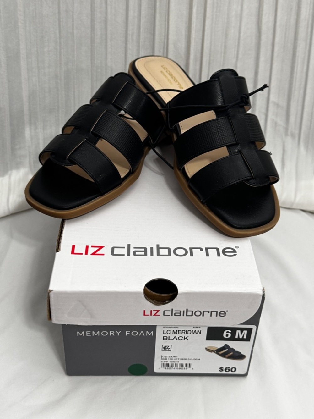 Liz Claiborne Black Slide Memory Foam Sandals with Tan Sole